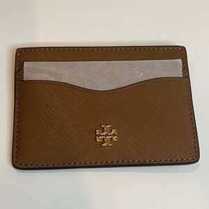 Tory Burch Tan Leather Card Holder with Gold Logo